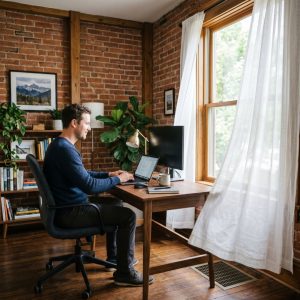 A person working comfortably in a home office with a sheer window curtain moving gently from AC airflow.