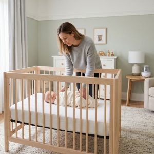 A parent putting a baby down for a nap in a peaceful, perfectly cooled home nursery.