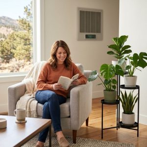A person reading a book in a comfortable living room with flourishing houseplants in balanced, humidified air.