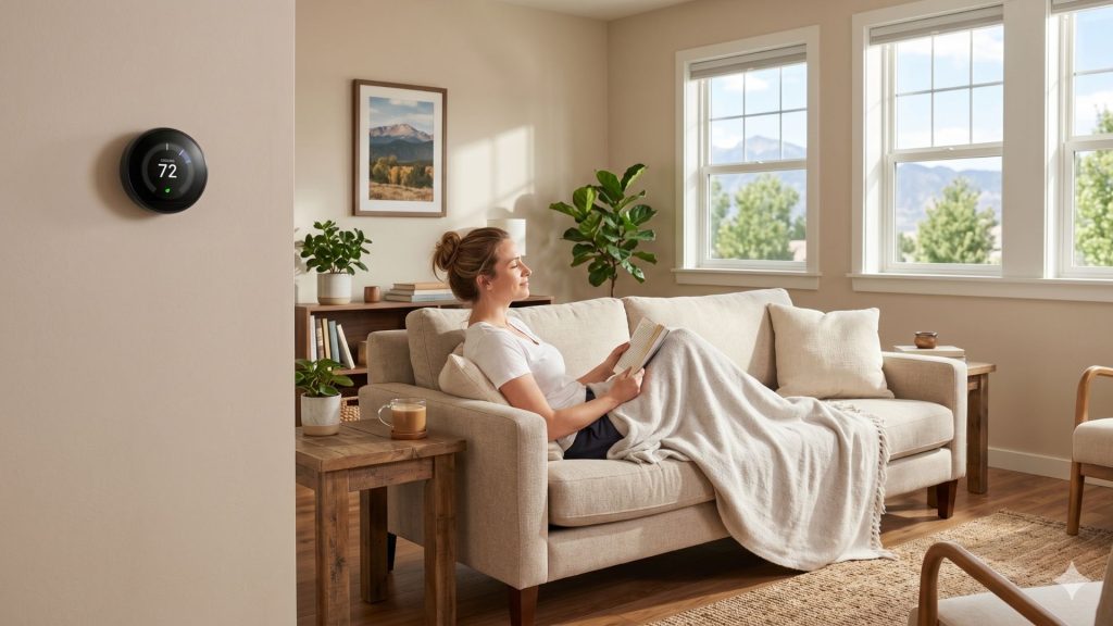A woman relaxing comfortably on a living room couch in a temperature-controlled home featuring a smart thermostat.