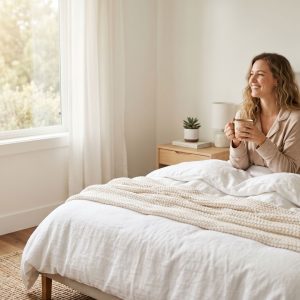 A person smiling and enjoying a warm beverage in a perfectly temperature-controlled bedroom in the morning.