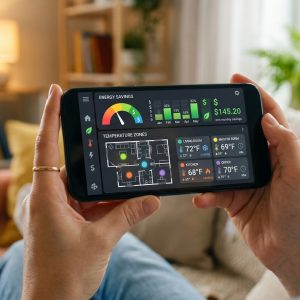 A smartphone displaying a smart home climate control app interface inside a beautiful modern residence.